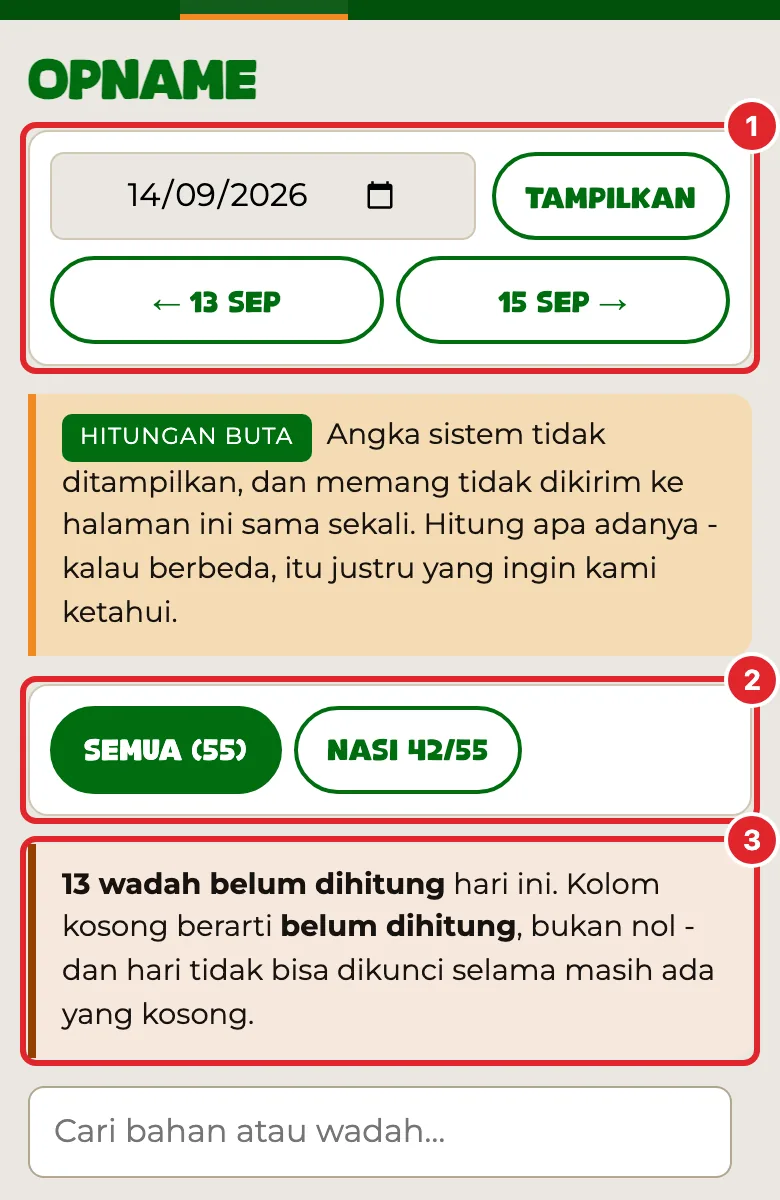 Kotak kuning  menyebut berapa wadah yang belum dihitung hari ini.