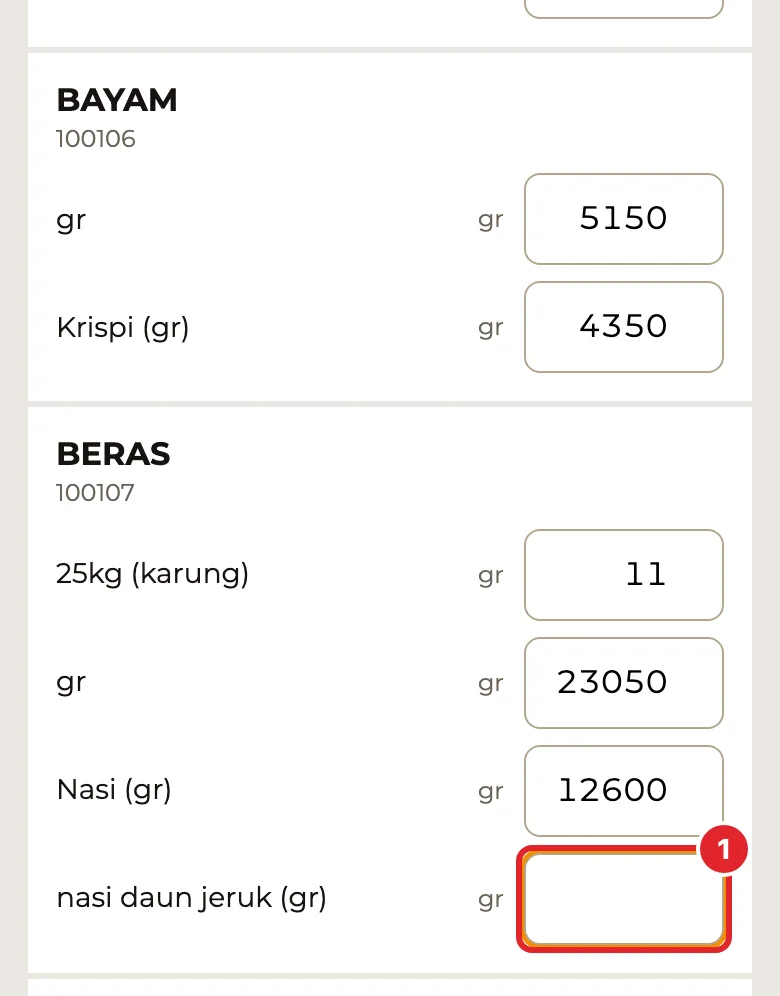 Timbang atau hitung sisa di tiap wadah, lalu ketik angkanya di kolom wadah itu .