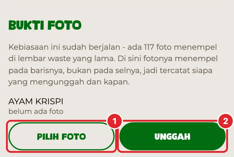 Gulir ke Bukti foto. Setiap baris waste yang sudah tersimpan punya tombolnya sendiri.